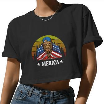 Retro 4Th Of July Merica Patriotic Bigfoot Women Cropped T-shirt - Monsterry