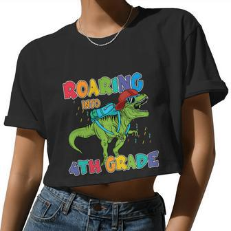 Roaring Into 4Th Grade T_Rex Back To School Women Cropped T-shirt - Monsterry