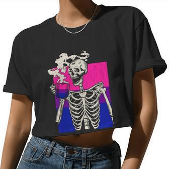 Skeleton Drinking Coffee Lgbtq Pansexual Pride Pan Flag Women Cropped T-shirt - Monsterry AU