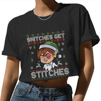 Snitches Get Stitches Elf Xmas Vintage Retro Santa Hat V2 Women Cropped T-shirt - Monsterry UK