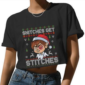 Snitches Get Stitches Elf Xmas Vintage Retro Santa Hat Women Cropped T-shirt - Monsterry AU