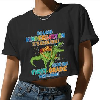 So Long Kindergarten It's Been Fun T_Rex Back To School Women Cropped T-shirt - Monsterry UK