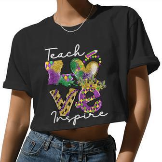 Teacher Mardi Gras Teach Love Inspire Carnival Beads Leopard Women Cropped T-shirt - Monsterry CA