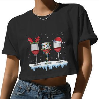 Three Red Wine Glasses Santa Hat Christmas Wine Lover Xmas Women Cropped T-shirt - Monsterry