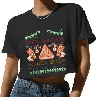 Ugly Christmas Sweater Burger Happy Holidays With Cheese V14 Women Cropped T-shirt - Monsterry