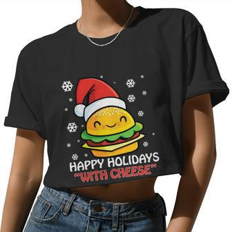 Ugly Christmas Sweater Burger Happy Holidays With Cheese V16 Women Cropped T-shirt - Monsterry