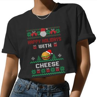 Ugly Christmas Sweater Burger Happy Holidays With Cheese V3 Women Cropped T-shirt - Monsterry