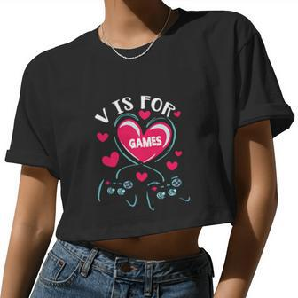 V Is For Love Video Games Valentines Day Gaming Girl Women Cropped T-shirt - Monsterry