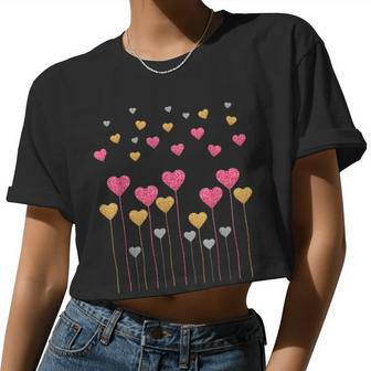 Valentines Day Cute With Hearts Flowers And Balloons Women Cropped T-shirt - Monsterry CA