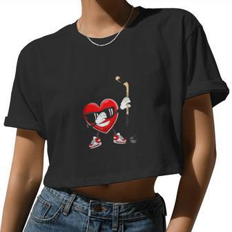 Valentines Day Heart Playing Hockey Boys Girls Women Cropped T-shirt - Monsterry