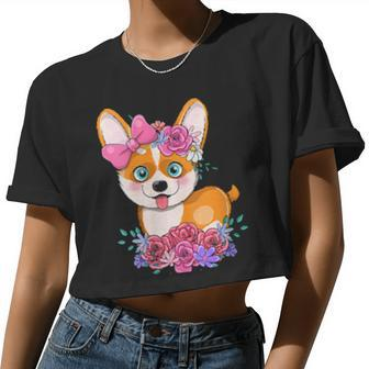Vintage Cute Corgi Valentines Day Flowers Women Cropped T-shirt - Monsterry