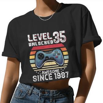 Vintage Video Gamer Birthday Level 35 Unlocked 35Th Birthday Women Cropped T-shirt - Monsterry