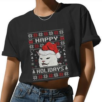 Woman Yelling At Cat Ugly Christmas Cat Ugly Sweater Women Cropped T-shirt - Monsterry DE