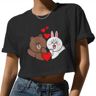 Womens Brown Bear Cony Bunny Rabbit Love & Kisses For You Valentine Women Cropped T-shirt - Monsterry UK