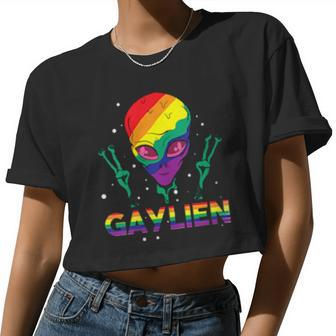Womens Gaylien Alien Lgbt Love Rainbow Heart Flag Gay Pride Women Cropped T-shirt - Monsterry AU