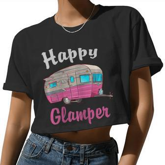 Womens Happy Glamper Camping Lover Girl Camper Camp Vacation Shirt T Shirt Women Cropped T-shirt - Monsterry