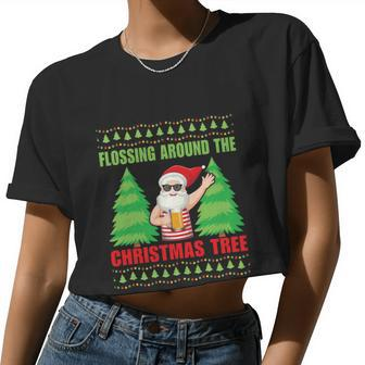 Xmas Santa Floss Around Christmas Tree Ugly Christmas Women Cropped T-shirt - Monsterry