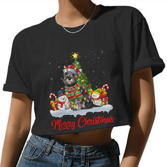 Xmas Tree Lighting Santa Miniature Schnauzer Dog Christmas Women Cropped T-shirt - Monsterry UK