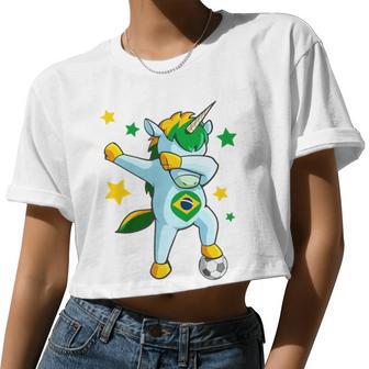 Dabbing Unicorn Support Jersey Brazil Soccer Girls Women Cropped T-shirt - Monsterry DE