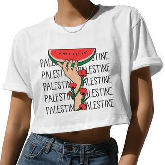 Floral Palestine Watermelon Map Free Palestine Women Cropped T-shirt - Monsterry UK