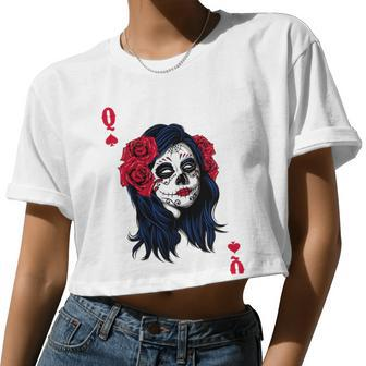 Halloween Sugar Skull With Red Floral Halloween By Mesa Cute Women Cropped T-shirt - Monsterry DE