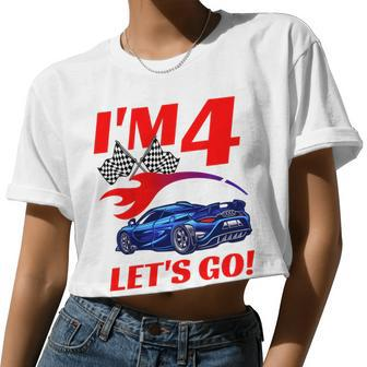 Kids 4 Year Old 4Th Racing Racecar Birthday Party Boys Girls Women Cropped T-shirt - Monsterry CA