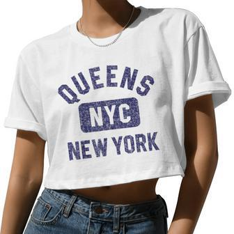Queens Nyc Gym Style Distressed Navy Blue Print Women Cropped T-shirt - Monsterry UK
