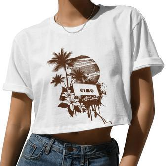 Summer Party Brown Palm Trees Flower Cassette Women Cropped T-shirt - Monsterry