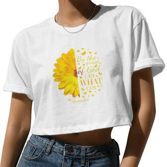 Womens Christian Bible Verse Flower Grace Of God Women Girls Premium Women Cropped T-shirt - Monsterry