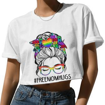 Womens Free Mom Hugs Messy Bun Lgbt Pride Women Cropped T-shirt - Monsterry