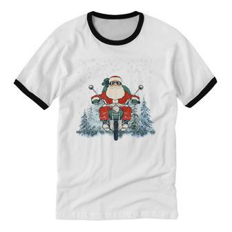 Biker Santa Claus On Motorcycle Christmas Biking Ride Cotton Ringer T-Shirt - Monsterry