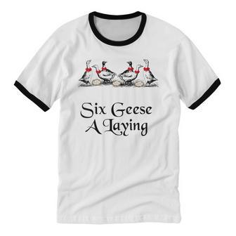 Six Geese A Laying Christmas Cotton Ringer T-Shirt - Monsterry UK