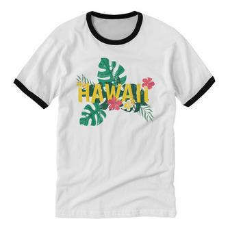 Aloha Hawaiian Sumer Vacation Tropical Flowers Hawaii Cotton Ringer T-Shirt - Monsterry