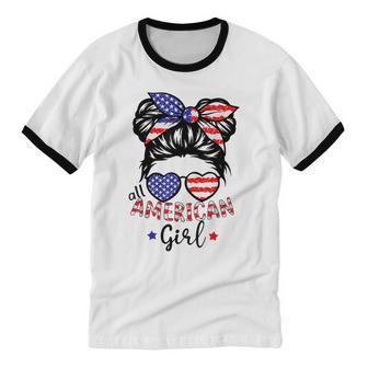 All American Girls 4Th Of July Messy Bun Girl Kids Cotton Ringer T-Shirt - Monsterry AU