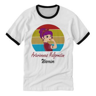 Arteriovenous Malformation Strong Women Vintage Burgundy Ribbon Arteriovenous Malformation Support Arteriovenous Malformation Awareness Cotton Ringer T-Shirt - Monsterry