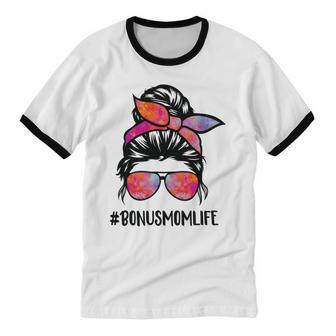 Bonus Mom Life Stepmom Messy Bun Hair For Woman Cotton Ringer T-Shirt - Monsterry UK