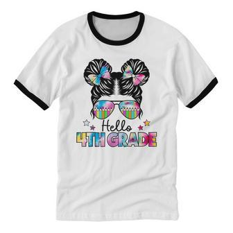 First Day Of School Hello 4Th Grade Girls Messy Bun Cotton Ringer T-Shirt - Monsterry UK