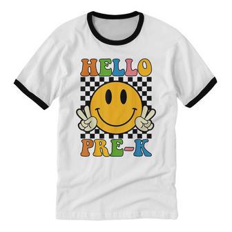 First Day Of School Hello Prek Teacher For Women Girl Cotton Ringer T-Shirt - Monsterry AU