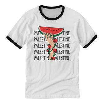 Floral Palestine Watermelon Map Free Palestine Cotton Ringer T-Shirt - Monsterry UK
