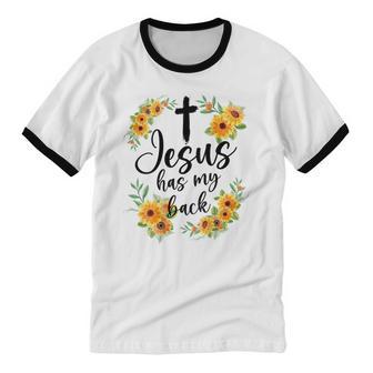 Jesus Has My Back On Back For Women Cotton Ringer T-Shirt - Monsterry UK