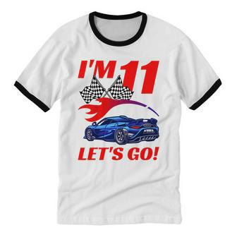 Kids 11 Year Old 11Th Racing Racecar Birthday Party Boys Girls Cotton Ringer T-Shirt - Monsterry AU