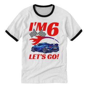 Kids 6 Year Old 6Th Racing Racecar Birthday Party Boys Girls Cotton Ringer T-Shirt - Monsterry