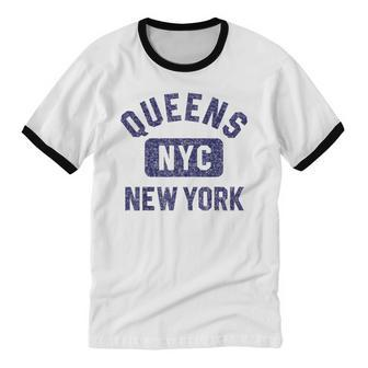 Queens Nyc Gym Style Distressed Navy Blue Print Cotton Ringer T-Shirt - Monsterry DE