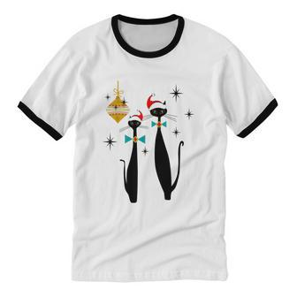 Retro Mid Century Modern Cool Cat Christmas Tshirt Cotton Ringer T-Shirt - Monsterry DE