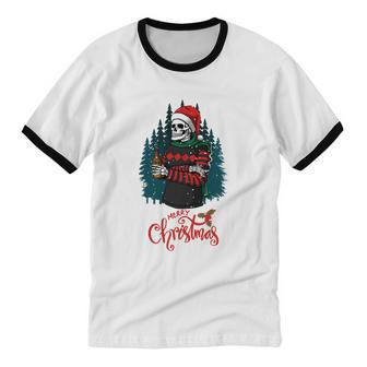 Skeleton Merry Christmas Xmas Cotton Ringer T-Shirt - Monsterry UK