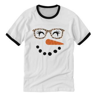 Snowman Shirt For Women Eyelashes Leopard Glasses Christmas Cotton Ringer T-Shirt - Monsterry