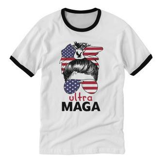 Ultra Maga American Flag Womens Messy Bun Wearing Glasses Cotton Ringer T-Shirt - Monsterry DE