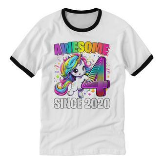 Unicorn 4Th Birthday 4 Year Old Unicorn Party Girls Outfit Cotton Ringer T-Shirt - Monsterry CA