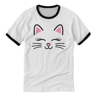 Women's Cat Face Whiskers Print Cosplay Kitty Love Halloween Cotton Ringer T-Shirt - Monsterry AU