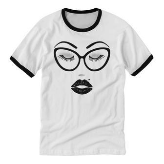 Women's Make-Up Cosmetics Lashes Eyebrows Black Cat Glasses Cotton Ringer T-Shirt - Monsterry AU